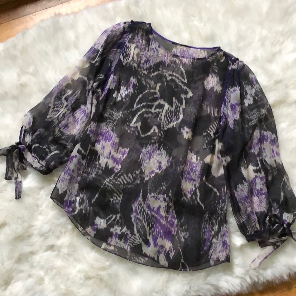 Elie Tahari Sheer Silk Abstract Floral Blouse